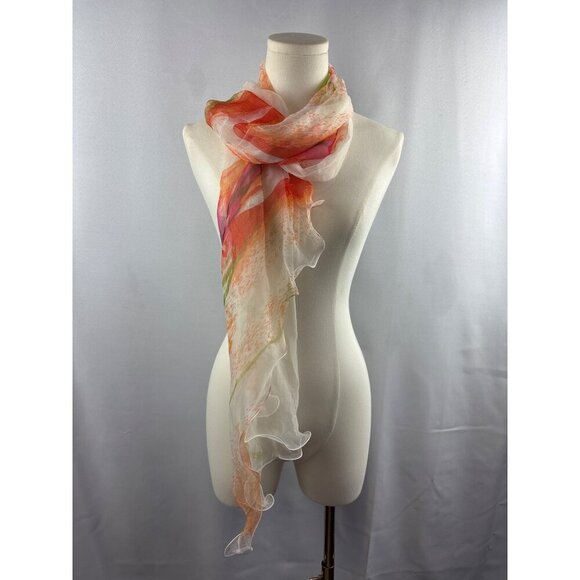 Women’s 100% Silk Orange, White, & Green Ruffled Scarf - Picture 2 of 5